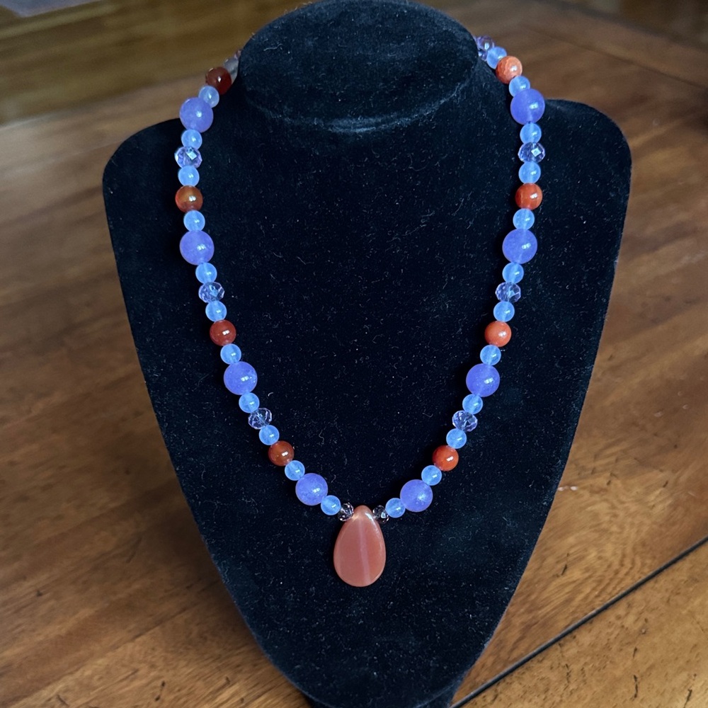Subdued Carnelian Agate Pendant and Multicolor Beaded Necklace